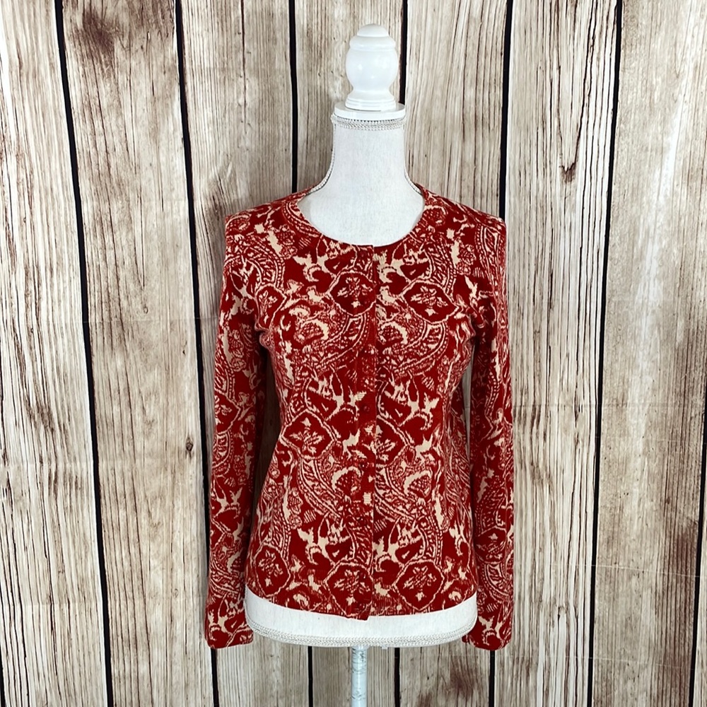Talbots Rust Red & Cream White Merino Wool Cardigan - Small